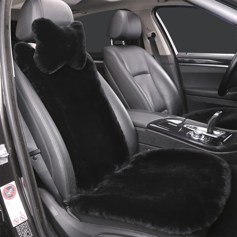 OGLAND Fluffy Fuzzy Shearling Genuine Sheepskin Car Seat Cover for Soft Universal Auto Comfort Seat Cushion Accessories (3 Pack Front, Black) - Image 2